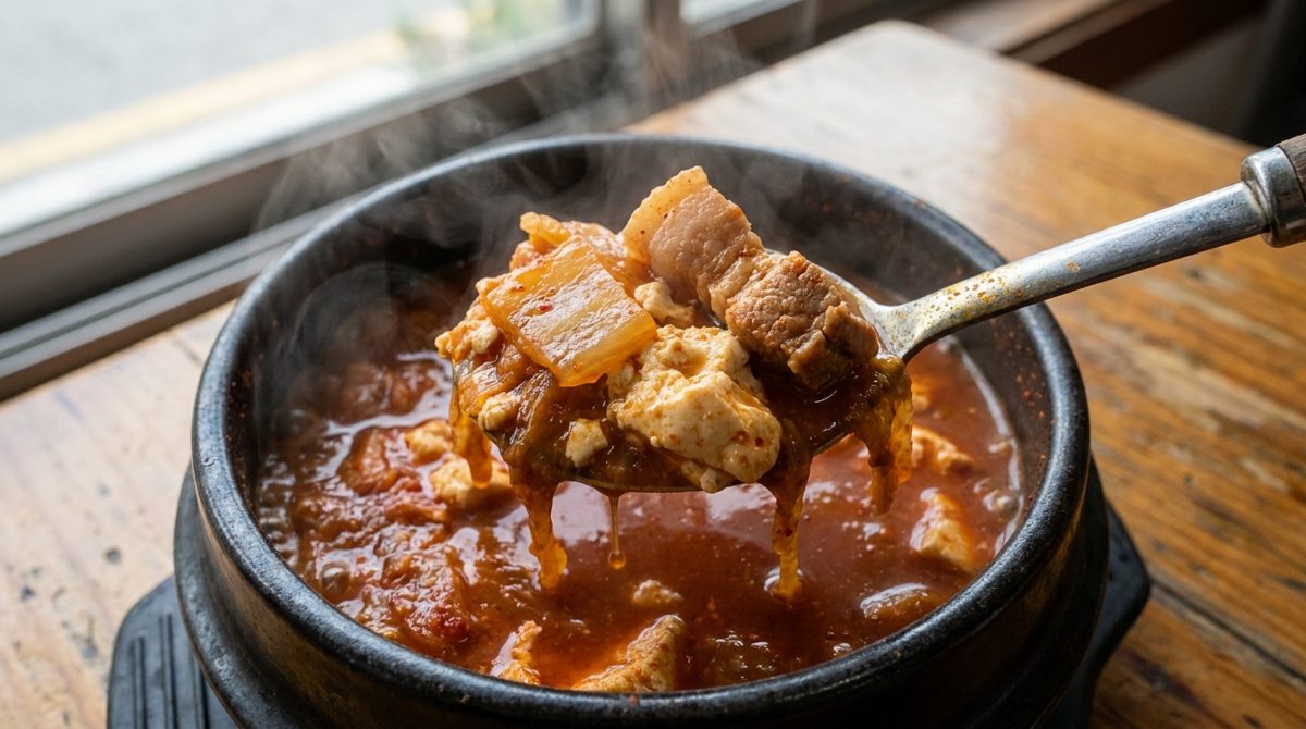 Close-up spoonful of kimchi jjigae with soft tofu, aged kimchi and pork