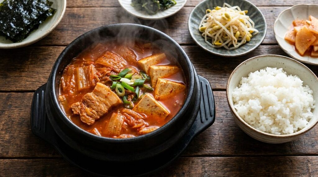Kimchi jjigae - Korean kimchi stew with pork and tofu bubbling in a stone pot