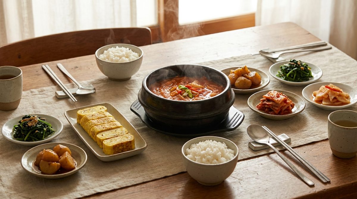 Kimchi jjigae meal at a Korean restaurant with rice and banchan side dishes