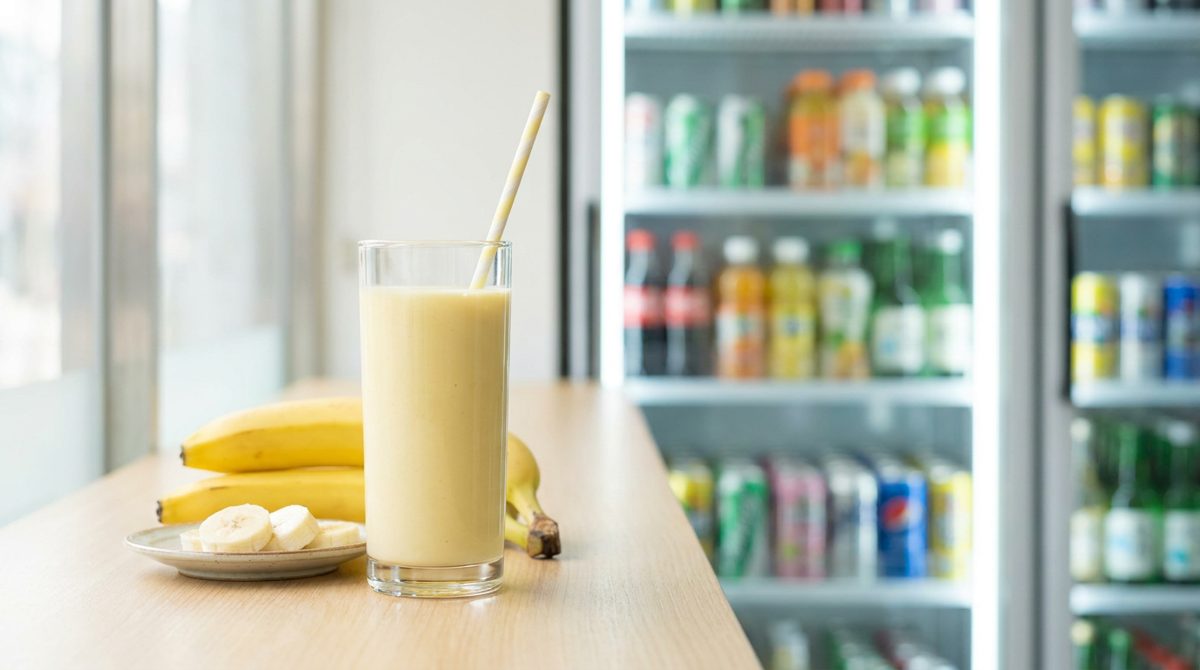 Korean banana milk drink styled on a convenience store counter in Korea