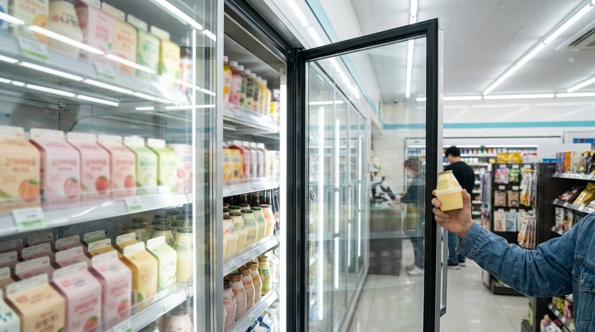 Korean banana milk in a convenience store beverage fridge