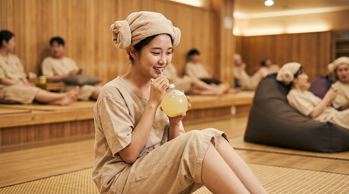 Drinking Korean banana milk at a jjimjilbang sauna - classic Korean tradition