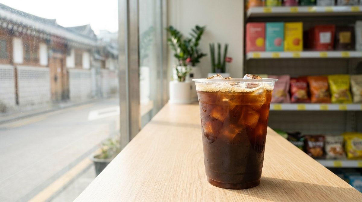 Convenience store coffee in Korea - iced americano in an ice cup at the window counter