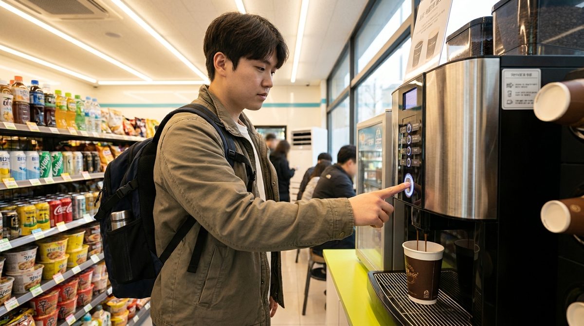 Self-serve convenience store coffee machine brewing a fresh cup in Korea