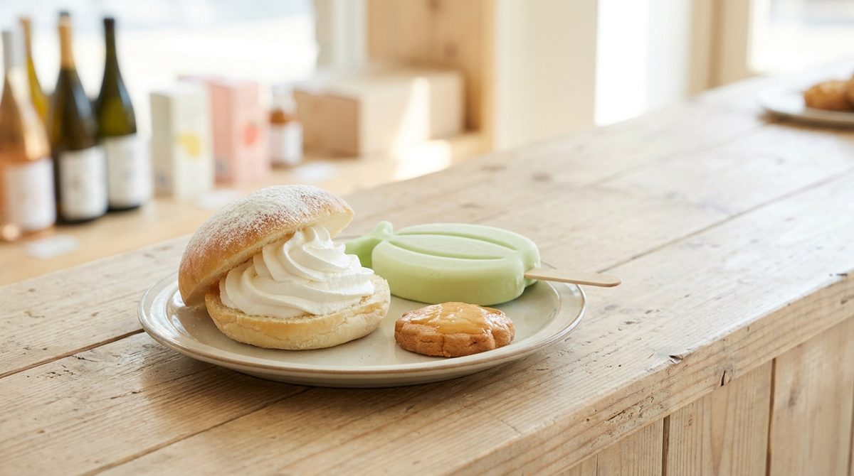 Convenience store desserts in Korea - cream bread, melon ice cream bar and honey cookie