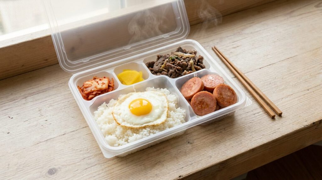 Korean convenience store dosirak lunch box with rice, bulgogi, egg roll and kimchi compartments