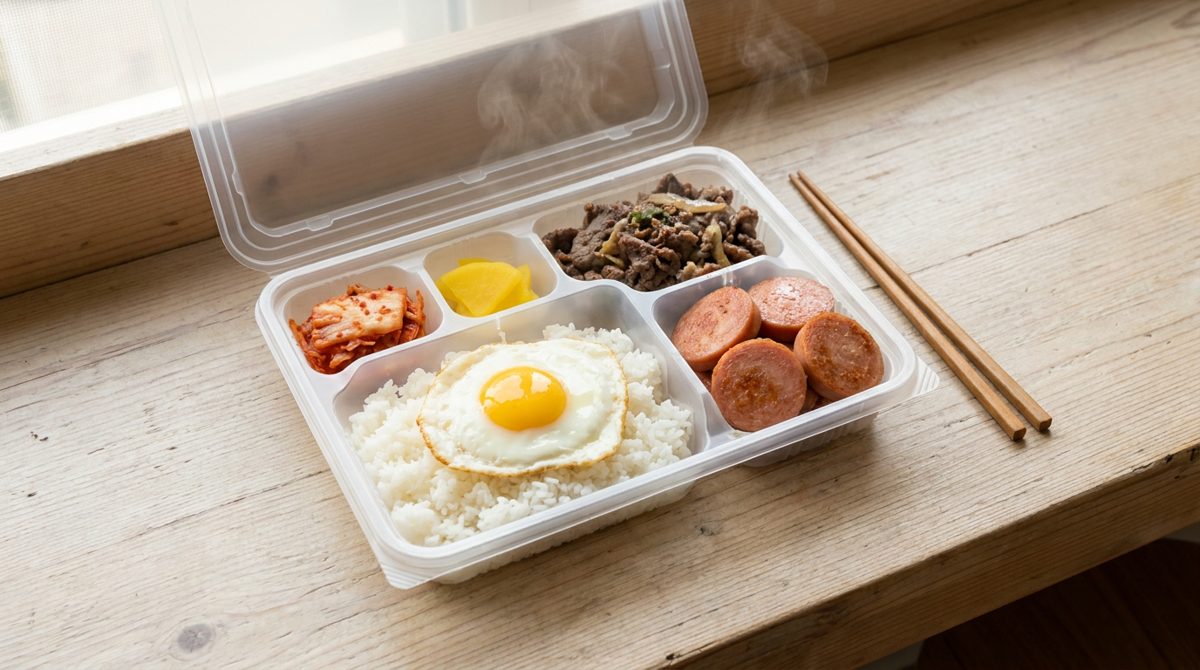 Korean convenience store dosirak lunch box with rice, bulgogi, egg roll and kimchi compartments