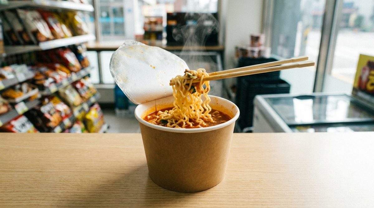 Korean convenience store ramyeon - steaming cup noodles at the eating counter