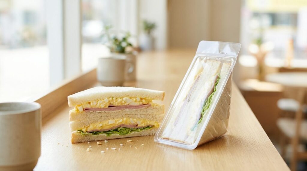 Korean convenience store sandwich and burger display with packaged options