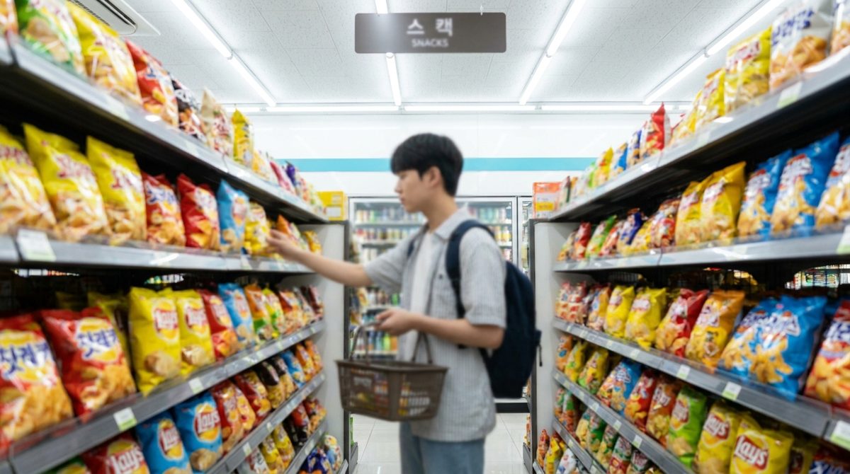 Korean convenience store snacks aisle with shelves of chips and treats