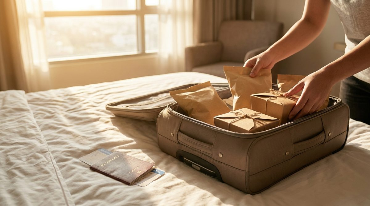 Packing korean convenience store snacks as travel souvenirs in a suitcase