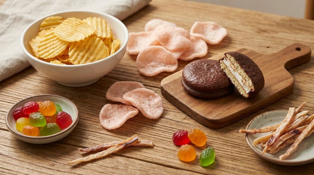 Korean convenience store snacks - chips, shrimp crackers, choco pie, jellies and dried squid