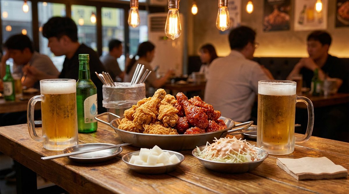 Korean fried chicken and beer chimaek table with soju and side dishes