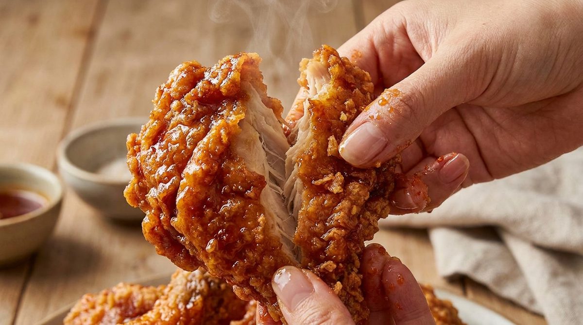 Close-up of crispy Korean fried chicken crust being pulled apart by hand