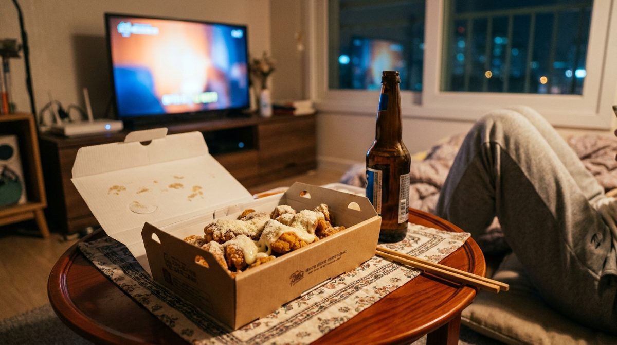 Snow cheese Korean fried chicken delivered in a box on a Korean apartment floor table
