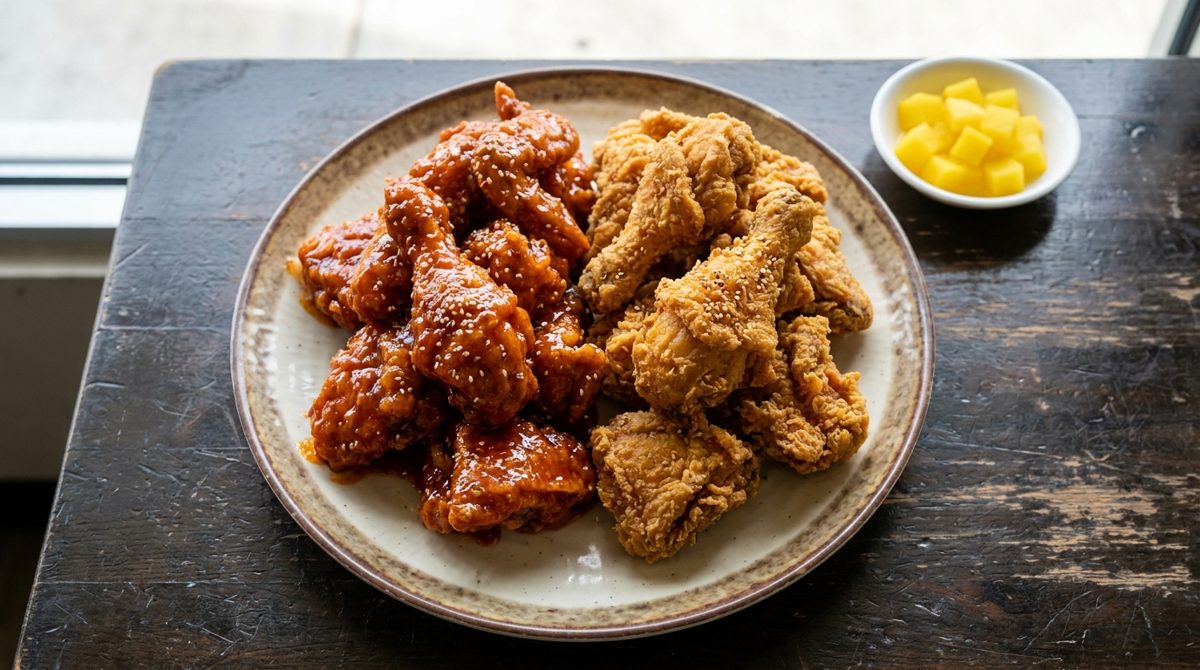 Korean fried chicken platter with half yangnyeom sauce and half huraideu plain fried chicken