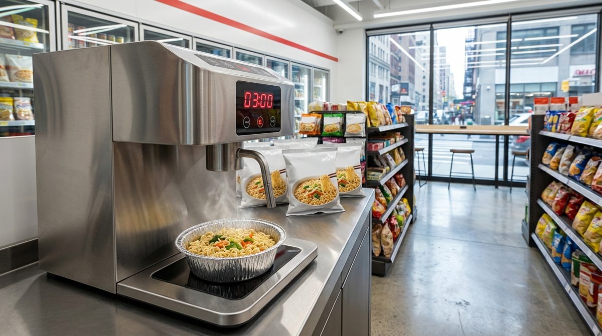 Korean ramyeon machine inside a convenience store used to cook self-serve cup noodles
