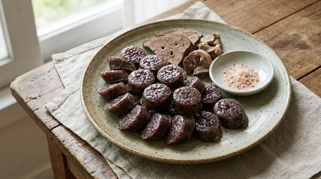 Korean sundae blood sausage sliced on a plate with liver and dipping salt