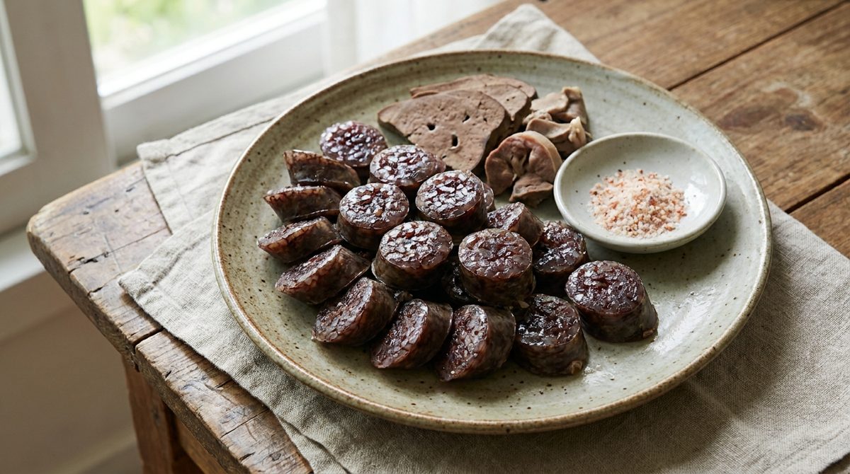 Korean sundae blood sausage sliced on a plate with liver and dipping salt