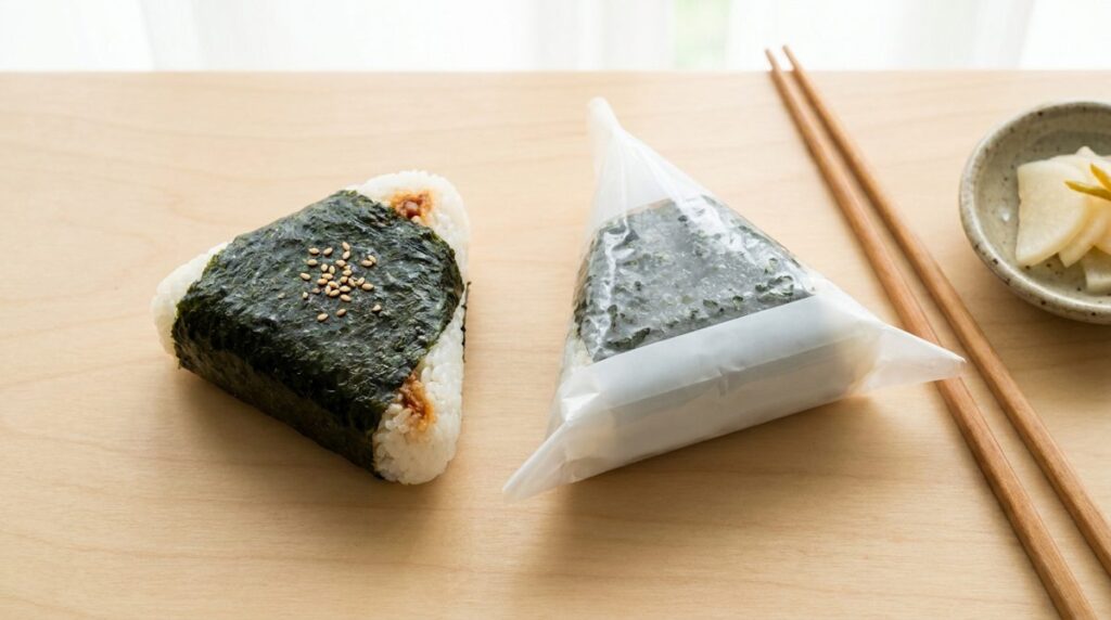 Korean triangle kimbap (samgak kimbap) unwrapped on a convenience store counter