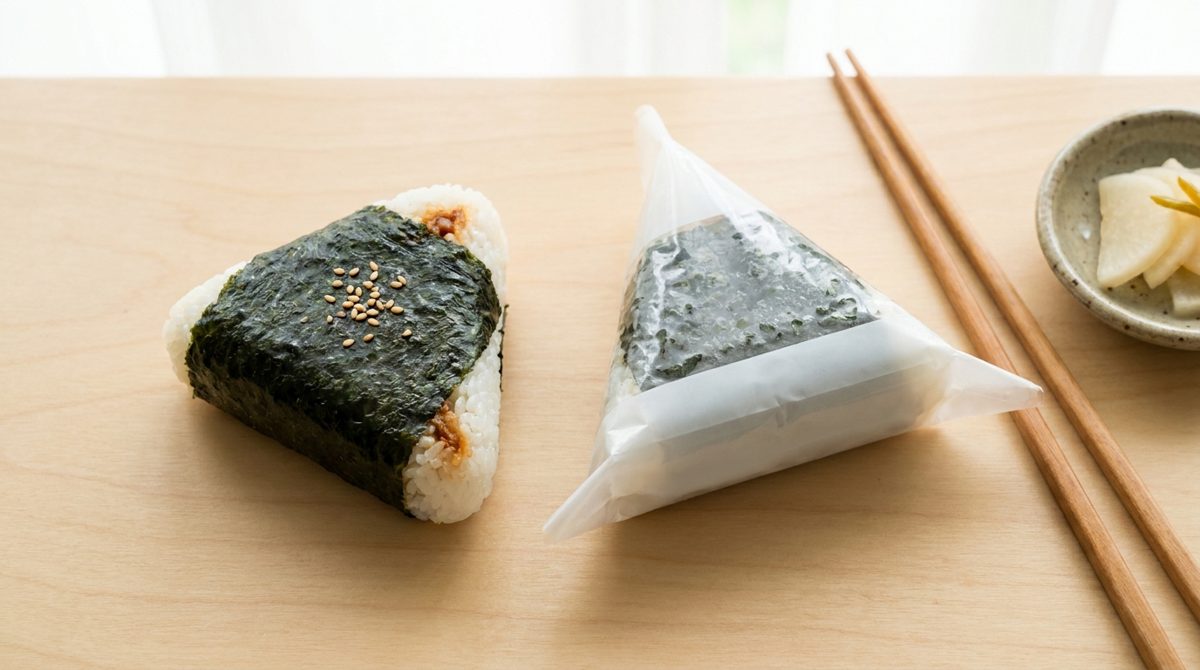 Korean triangle kimbap (samgak kimbap) unwrapped on a convenience store counter