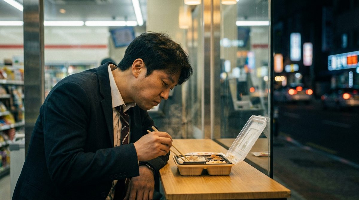 Late-night eating counter at a Korean convenience store with a heated dosirak lunch box