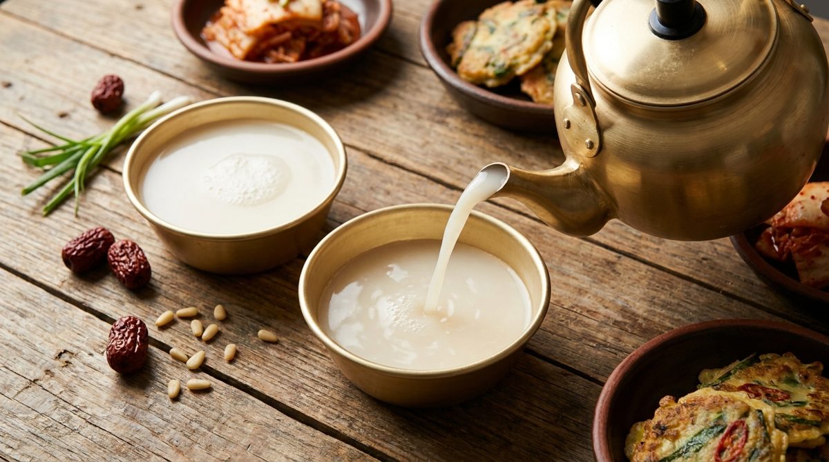 Makgeolli Korean rice wine poured from a traditional kettle into a bowl, showing its milky white color