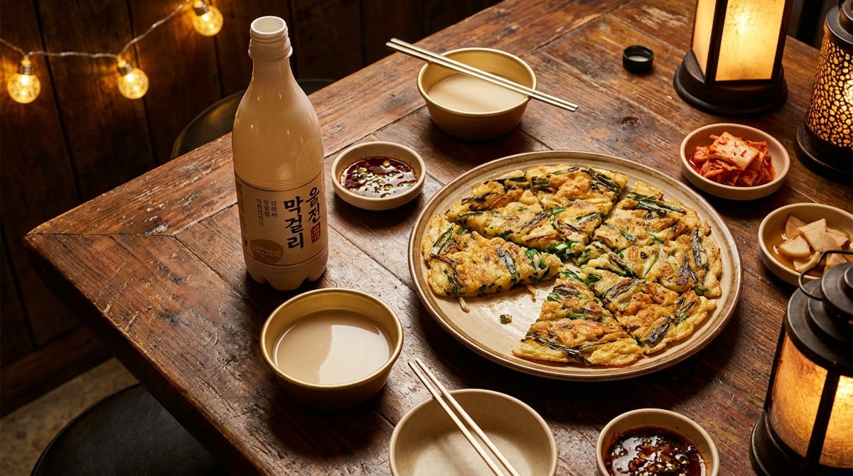 Makgeolli rice wine paired with pajeon Korean pancake at a traditional pub table