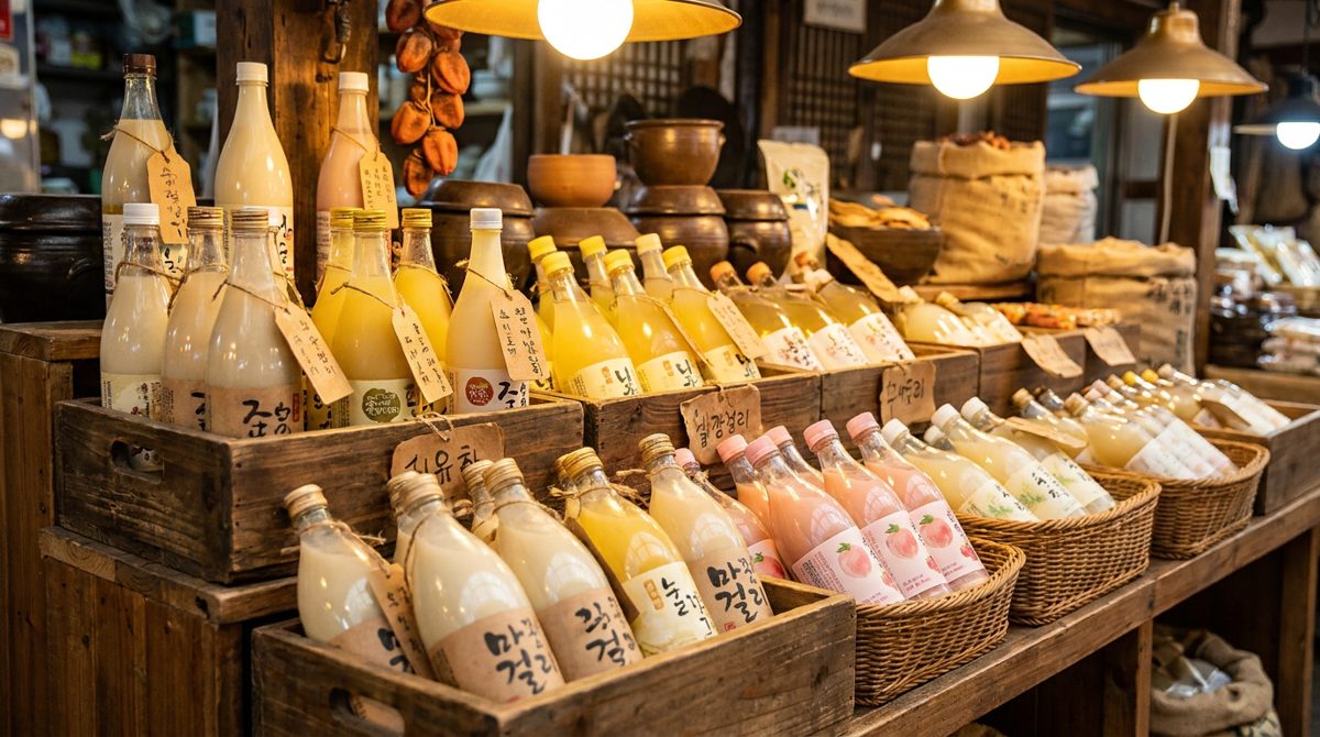 Shelf of different makgeolli rice wine varieties and flavors at a Korean market