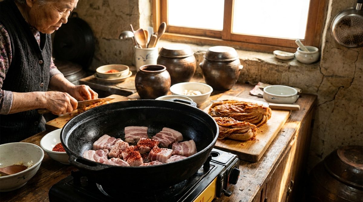 Making kimchi jjigae with well-fermented aged kimchi and pork in a pot