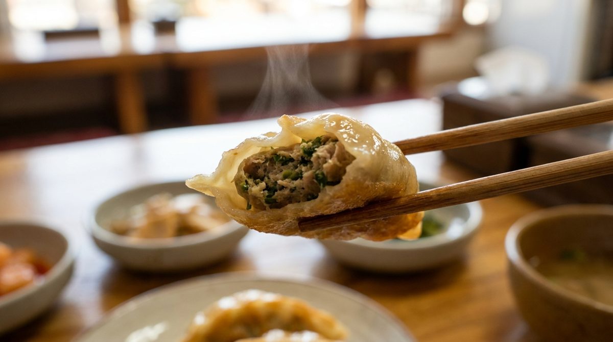 Close-up of a Korean mandu dumpling broken open to show pork and chive filling