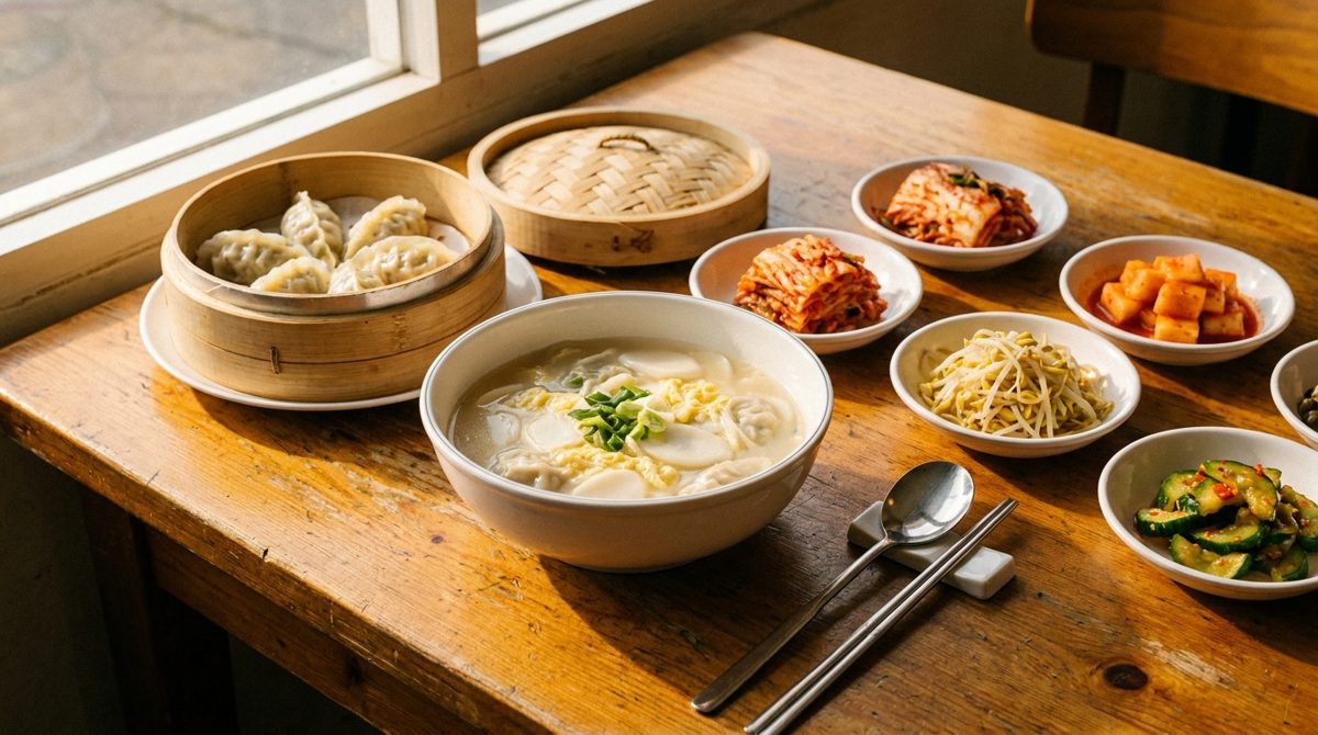 Mandu-guk Korean dumpling soup with rice cakes and banchan side dishes