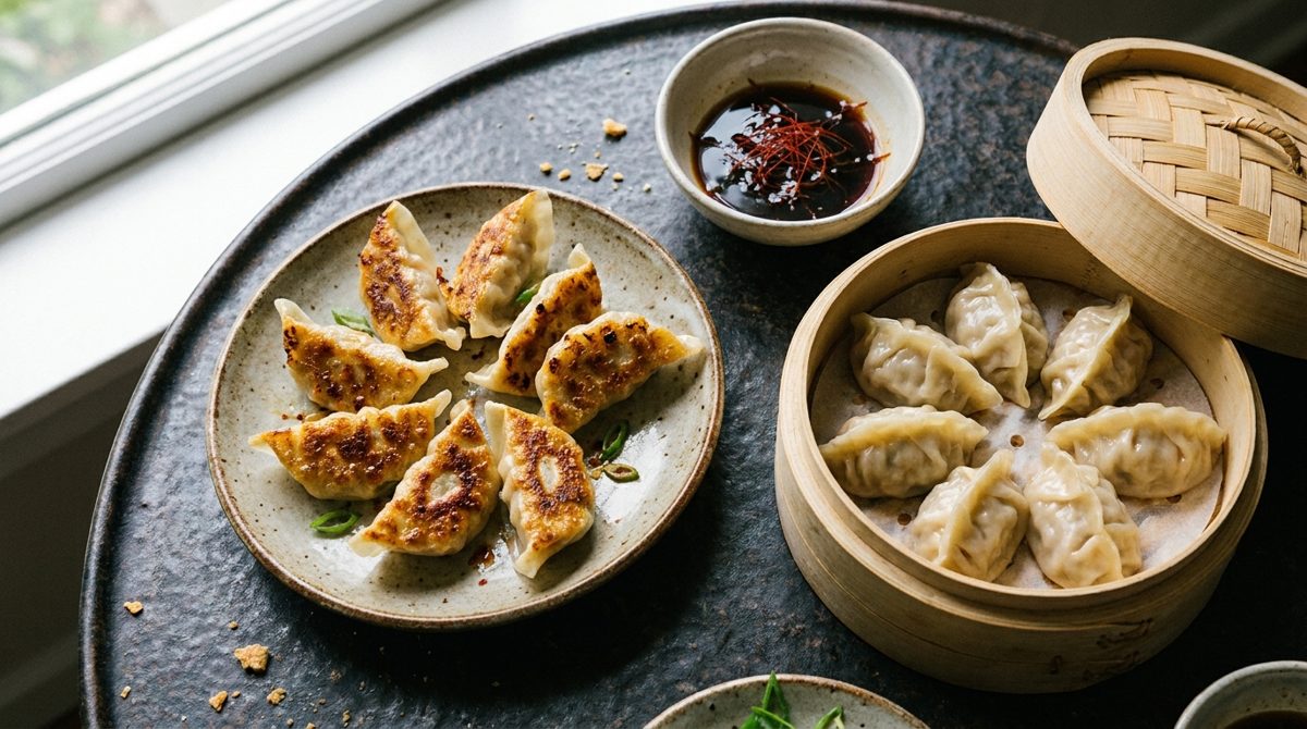 Mandu - Korean dumplings, pan-fried gun-mandu and steamed jjin-mandu with dipping sauce