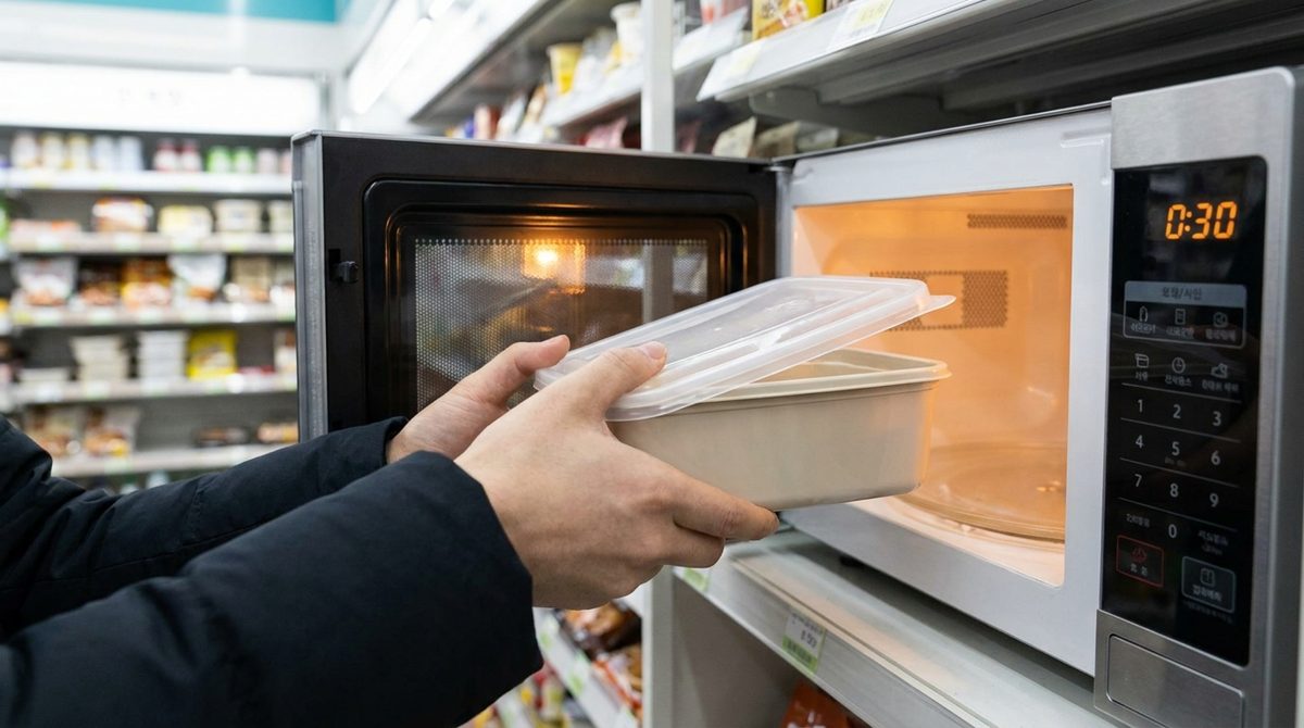 Self-service microwave at a Korean convenience store used for heating a dosirak lunch box