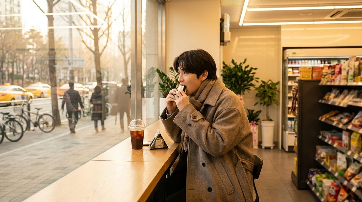 Korean office worker commuter grabbing a convenience store sandwich for breakfast
