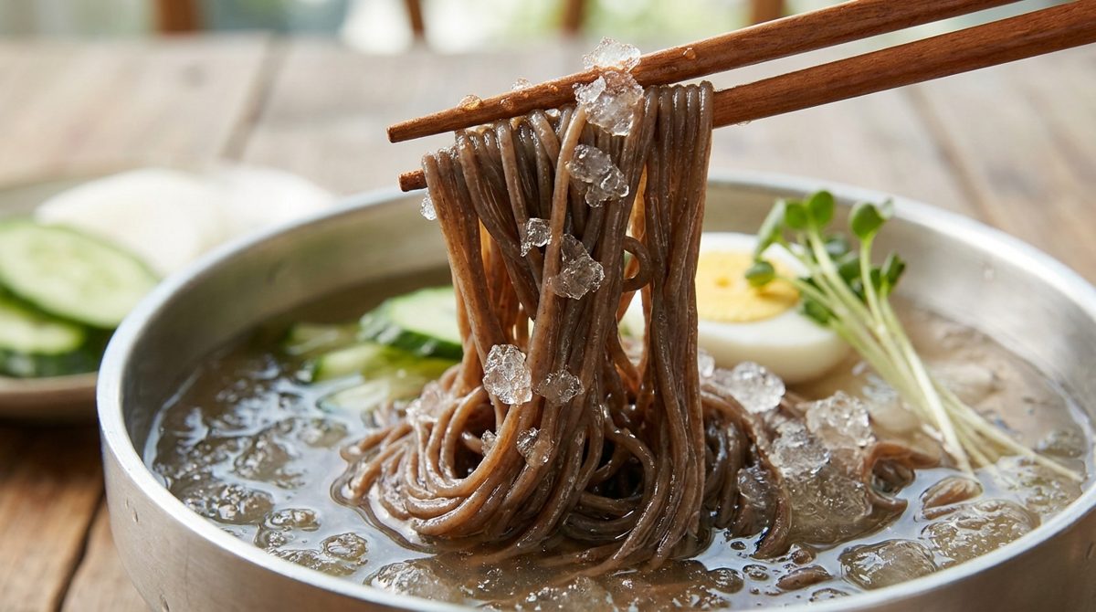 Chopsticks lifting cold naengmyeon buckwheat noodles from icy broth