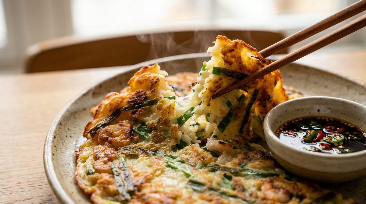 Tearing a crispy piece of pajeon Korean green onion pancake with chopsticks