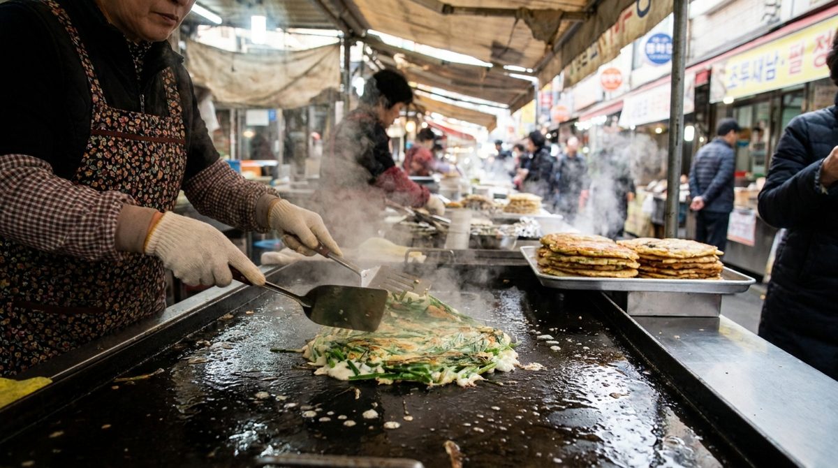 Vendor frying pajeon green onion pancakes on a griddle at a Korean traditional market
