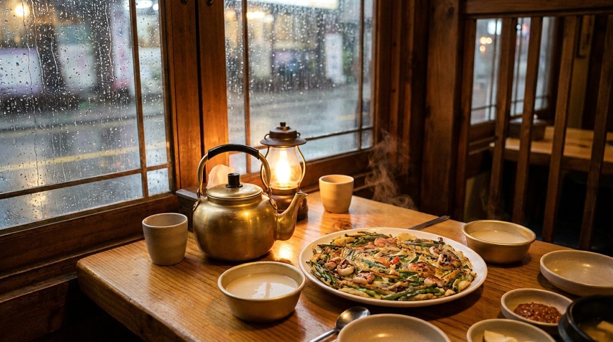 Pajeon and makgeolli rice wine at a Korean pub on a rainy day