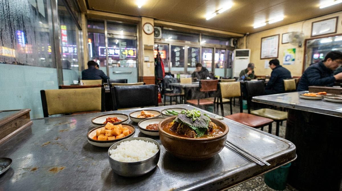 Ppyeo-haejangguk - single bowl of Korean pork backbone hangover soup with rice and banchan