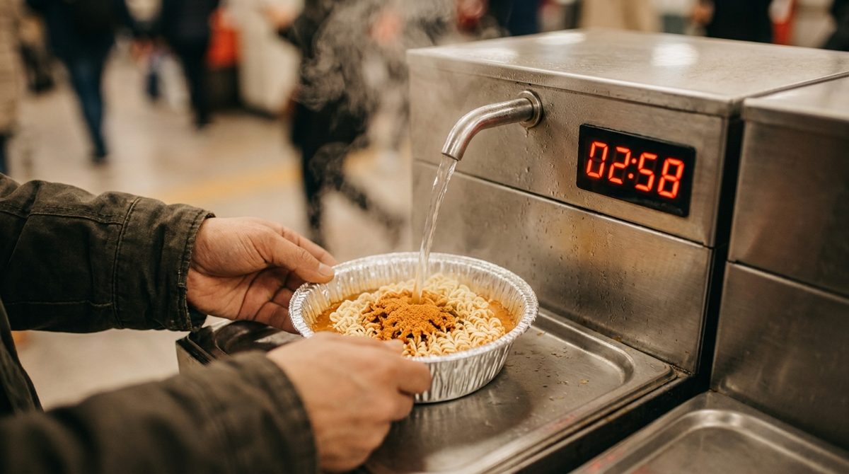 Close-up of a Korean ramyeon machine dispensing hot water with a countdown timer screen