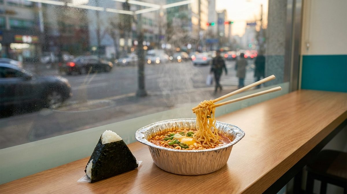 Cup ramyeon and triangle kimbap combo eaten at a Korean convenience store counter