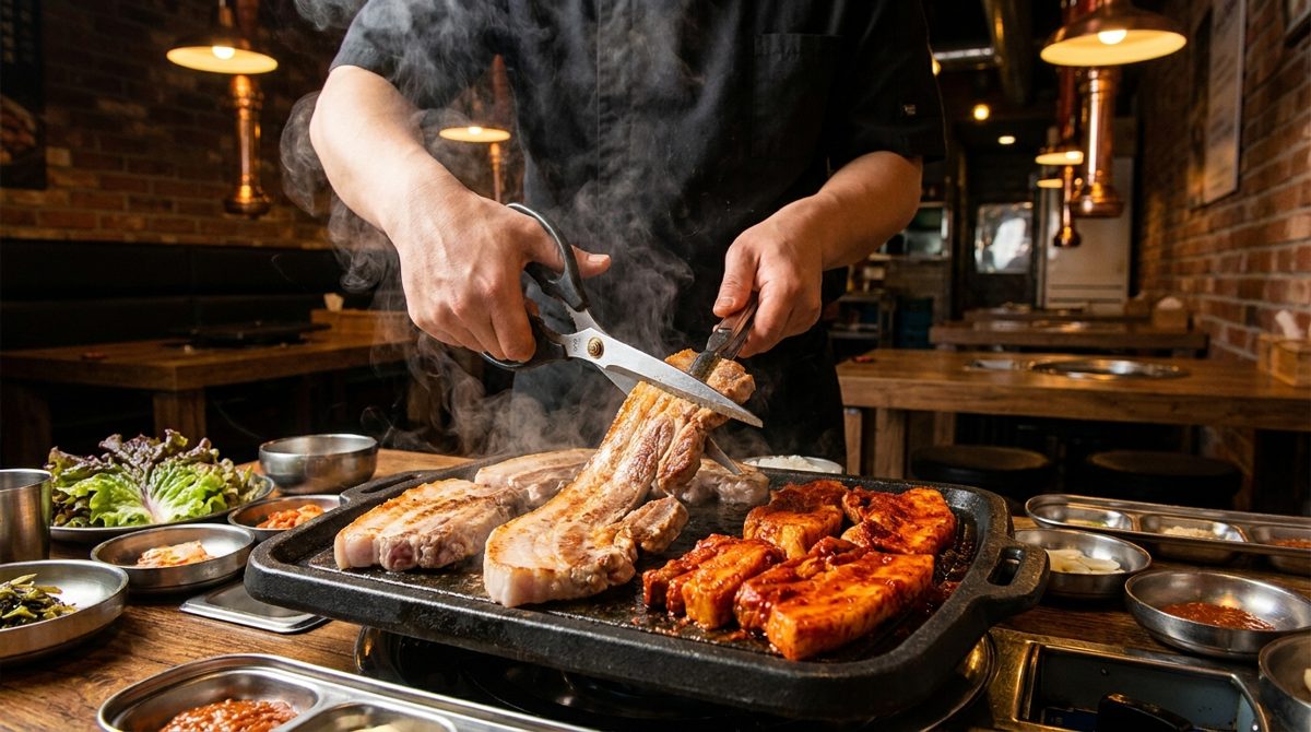Cutting sizzling samgyeopsal pork belly with scissors on a Korean BBQ grill