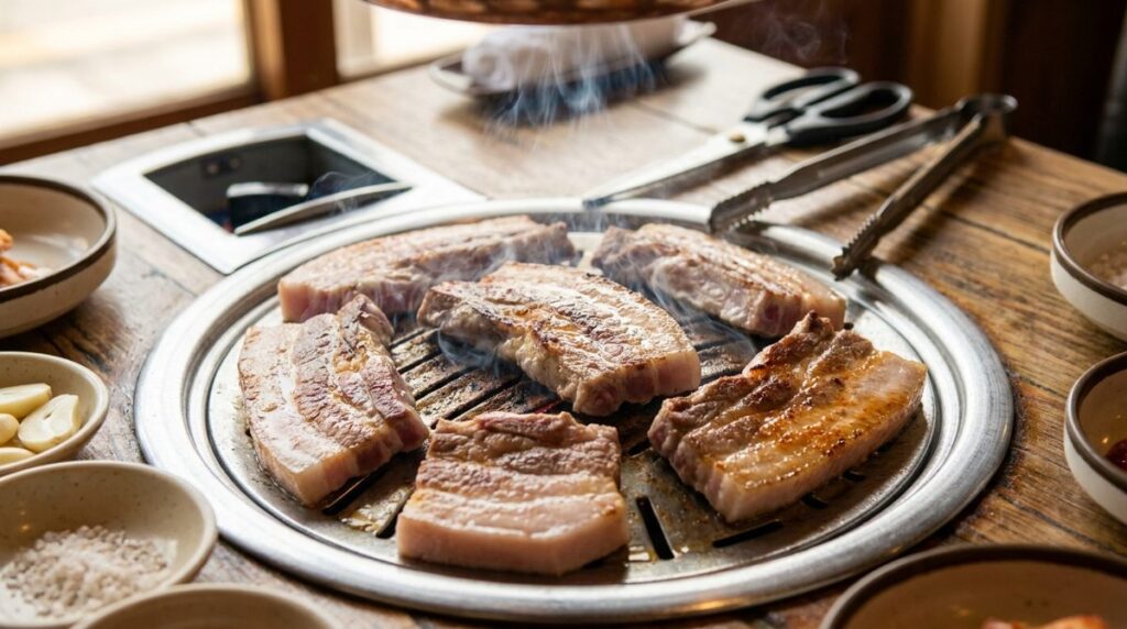 Samgyeopsal Korean pork belly grilling on a tabletop BBQ grill