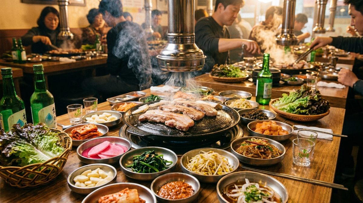 Korean BBQ restaurant table with samgyeopsal grill, banchan side dishes and soju