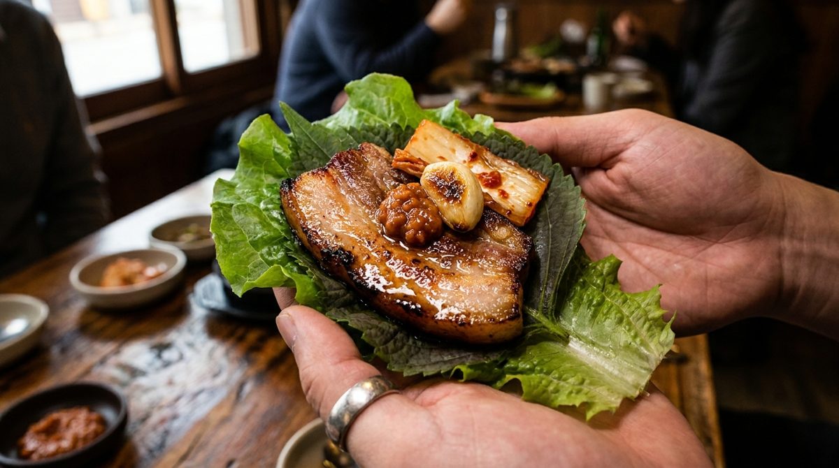 Wrapping grilled samgyeopsal pork belly in lettuce ssam with garlic and ssamjang