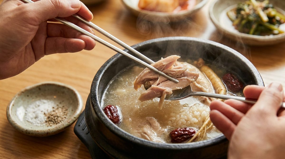 Eating samgyetang - pulling tender chicken meat from the ginseng chicken soup pot