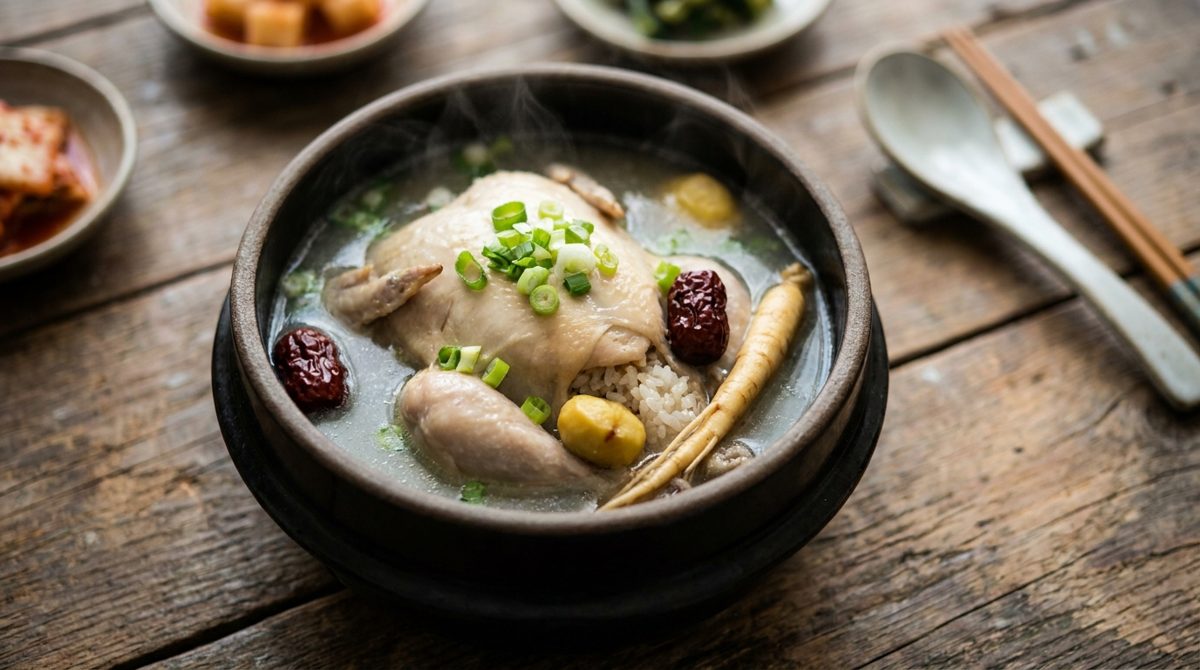 Samgyetang - whole Korean ginseng chicken soup in a stone pot with jujube and rice