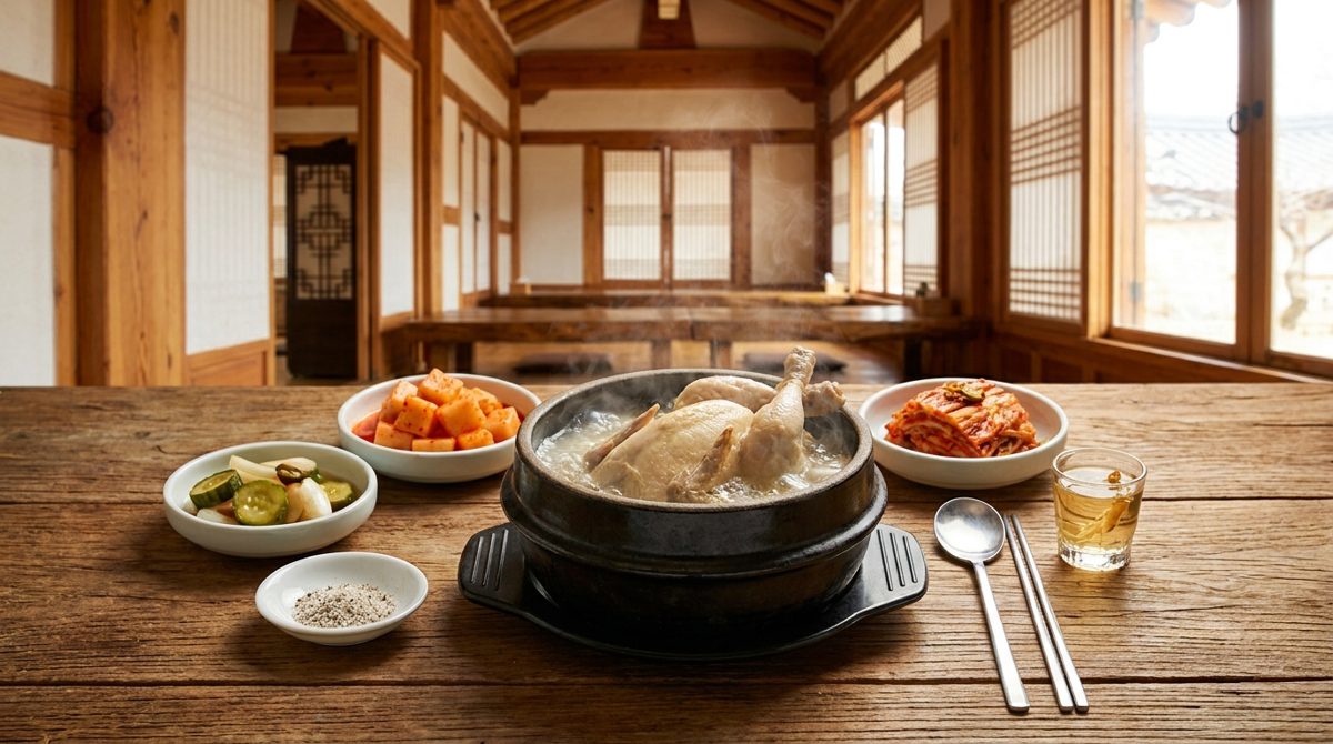 Samgyetang served at a Korean restaurant table with banchan side dishes and salt-pepper dip