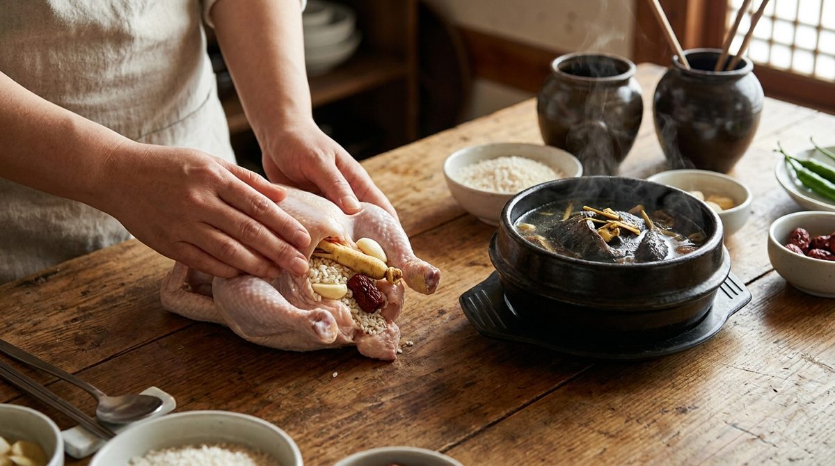 Stuffing raw chicken for samgyetang next to a black ogolgye samgyetang variant